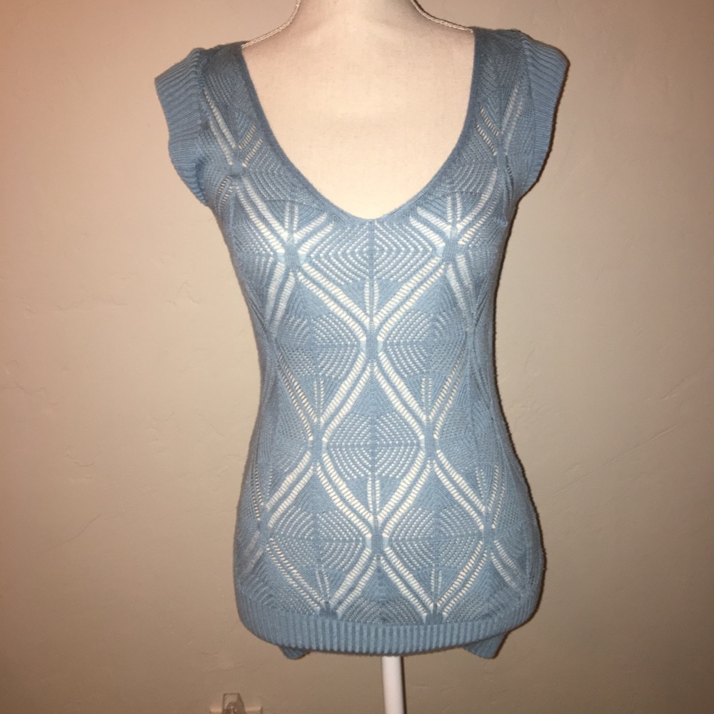 Tricot Joli Blue Sheer Knit Top Cap Sleeves Size M